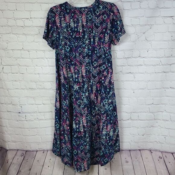 LuLaRoe Carly Dress XS (2/4) Blue Dot Matrix Soft Knit Swing Midi Pocket Hi-Low - Picture 5 of 5